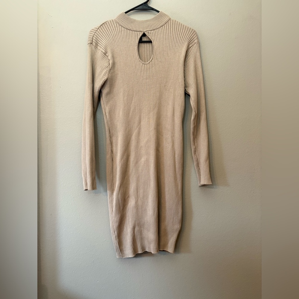 Elegant Beige Ribbed Knit Dress
